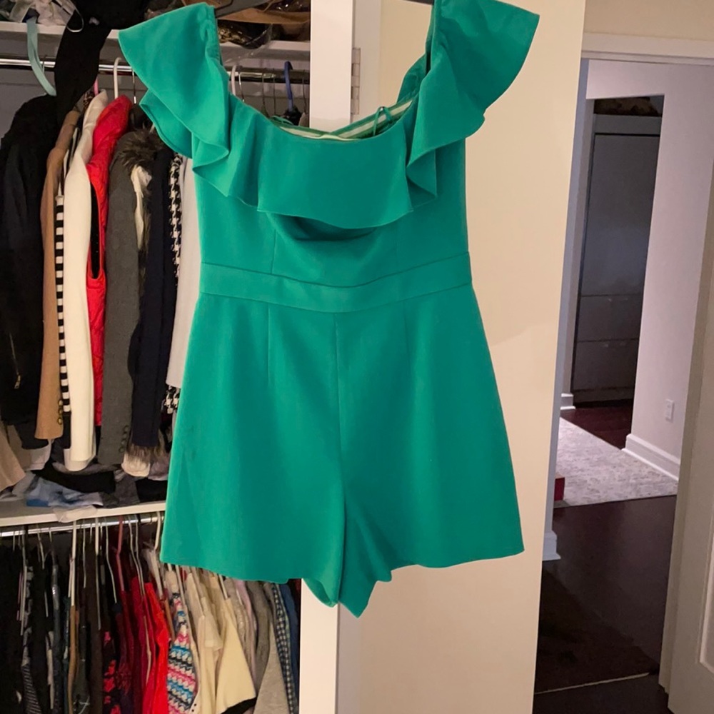 Jay Godfrey green ruffle neck romper